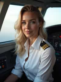 woman as a Airline Pilot inside the Cockpit with white shirt Pilot Uniform