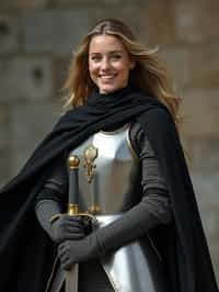 happy woman as a Medieval Knight in silver armor, wearing a black elegant cape flowing in the wind, the knight holds a sword in one hand