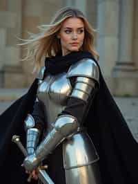 happy woman as a Medieval Knight in silver armor, wearing a black elegant cape flowing in the wind, the knight holds a sword in one hand