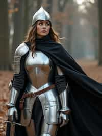 happy woman as a Medieval Knight in silver armor, wearing a black elegant cape flowing in the wind, the knight holds a sword in one hand