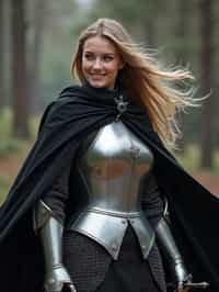 happy woman as a Medieval Knight in silver armor, wearing a black elegant cape flowing in the wind, the knight holds a sword in one hand