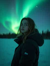 woman at night at the Northern Lights Aurora Borealis