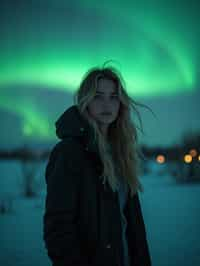 woman at night at the Northern Lights Aurora Borealis