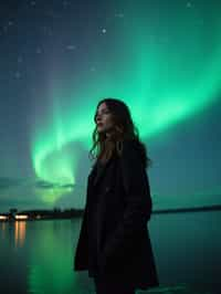 woman at night at the Northern Lights Aurora Borealis