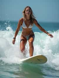 woman as a Professional Surfer wearing swimwear on a Surf Board surfing in the ocean