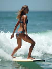 woman as a Professional Surfer wearing swimwear on a Surf Board surfing in the ocean