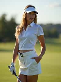 woman as a Golfer on the Golf Course holding Golf Club wearing golf shorts or golf skirt, a collared shirt, golf pants