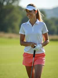 woman as a Golfer on the Golf Course holding Golf Club wearing golf shorts or golf skirt, a collared shirt, golf pants