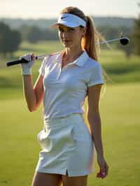 woman as a Golfer on the Golf Course holding Golf Club wearing golf shorts or golf skirt, a collared shirt, golf pants