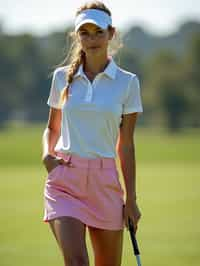 woman as a Golfer on the Golf Course holding Golf Club wearing golf shorts or golf skirt, a collared shirt, golf pants