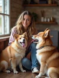 woman in a Dog Cafe with many cute Samoyed and Golden Retriever dogs