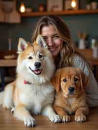 woman in a Dog Cafe with many cute Samoyed and Golden Retriever dogs