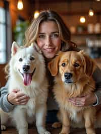 woman in a Dog Cafe with many cute Samoyed and Golden Retriever dogs