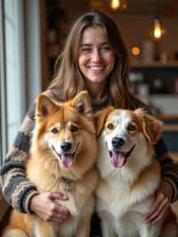 woman in a Dog Cafe with many cute Samoyed and Golden Retriever dogs