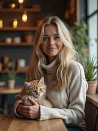 woman in a Cat Cafe with many cute Cats and Kittens around them