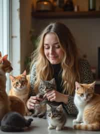 woman in a Cat Cafe with many cute Cats and Kittens around them