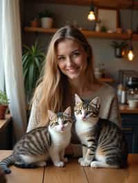 woman in a Cat Cafe with many cute Cats and Kittens around them