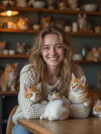 woman in a Cat Cafe with many cute Cats and Kittens around them