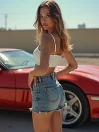 woman  wearing mini skirt posing in front of a sports car