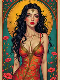 illustration of woman as Mythical Tarot Cardin the style of moebius and mohrbacher and rossdraws and ross tran and alphonse mucha and ayami kojima, pixar style, maya engine, splash comics style, tarot card style, art nouveau, rich bright colours