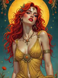 illustration of woman as Mythical Tarot Cardin the style of moebius and mohrbacher and rossdraws and ross tran and alphonse mucha and ayami kojima, pixar style, maya engine, splash comics style, tarot card style, art nouveau, rich bright colours