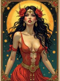 illustration of woman as Mythical Tarot Cardin the style of moebius and mohrbacher and rossdraws and ross tran and alphonse mucha and ayami kojima, pixar style, maya engine, splash comics style, tarot card style, art nouveau, rich bright colours