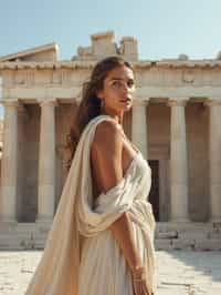 woman as Ancient Greek philosopher in 500 B.C., Ancient Roman white clean new temple in background