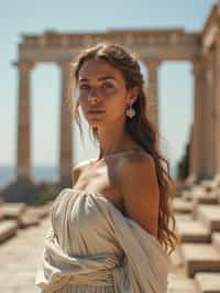 woman as Ancient Greek philosopher in 500 B.C., Ancient Roman white clean new temple in background