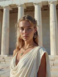 woman as Ancient Greek philosopher in 500 B.C., Ancient Roman white clean new temple in background