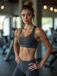 woman in  dark gray yoga pants and sports top in the fitness gym working out