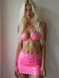 woman as with platinum blonde hair and pink latex skirt