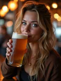 woman in a busy bar drinking beer. holding an intact pint glass mug of beer