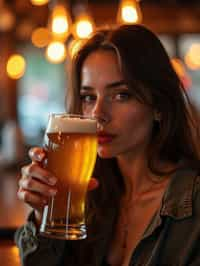 woman in a busy bar drinking beer. holding an intact pint glass mug of beer