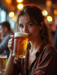 woman in a busy bar drinking beer. holding an intact pint glass mug of beer