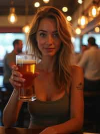 woman in a busy bar drinking beer. holding an intact pint glass mug of beer