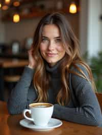  woman in hipster coffee place with coffee cup on table