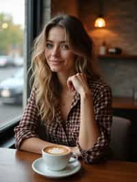  woman in hipster coffee place with coffee cup on table