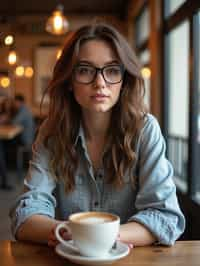  woman in hipster coffee place with coffee cup on table