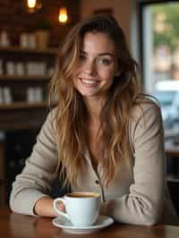  woman in hipster coffee place with coffee cup on table