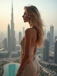 woman standing in front of city skyline viewpoint in Dubai with city skyline in background