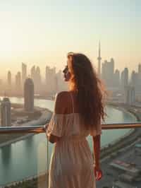 woman standing in front of city skyline viewpoint in Dubai with city skyline in background