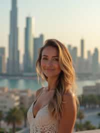 woman standing in front of city skyline viewpoint in Dubai with city skyline in background