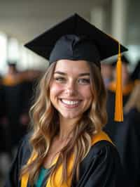 happy  woman in Graduation Ceremony wearing a square black Graduation Cap with yellow tassel at college