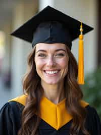 happy  woman in Graduation Ceremony wearing a square black Graduation Cap with yellow tassel at college