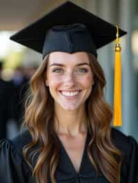 happy  woman in Graduation Ceremony wearing a square black Graduation Cap with yellow tassel at college