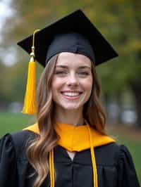 happy  woman in Graduation Ceremony wearing a square black Graduation Cap with yellow tassel at college