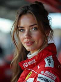 Ultra realistic photograph of woman as Formula 1 race driver