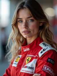 Ultra realistic photograph of woman as Formula 1 race driver