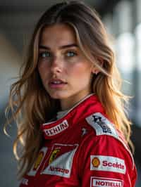 Ultra realistic photograph of woman as Formula 1 race driver