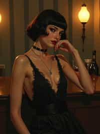 woman, dimly lit upscale 1920s speakeasy, relaxed pose, fantasy, art deco, detailed painterly digital art style by coles phillips and alfred charles parker, 🍸🍋